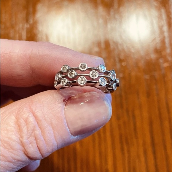 Jewelry - 14K White Gold & Diamond Modernist Three Row Ring - Size 7